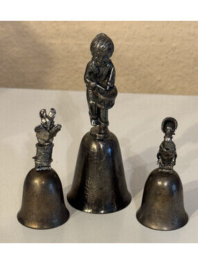 Set of 3 Antique Silver Tone Metal Collectible Bells w/ Figurine Handles